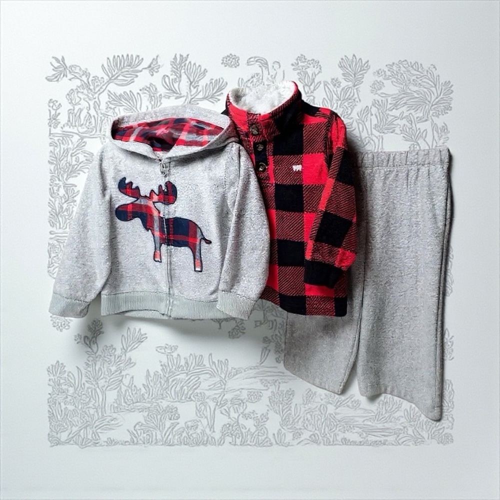 Carter's Gray and Red Moose and Bear Plaid and Checkered Bundle